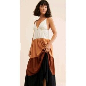 Anthropologie Colorblock Maxi Dress Sleeveless Cutout V Neck Printed XL